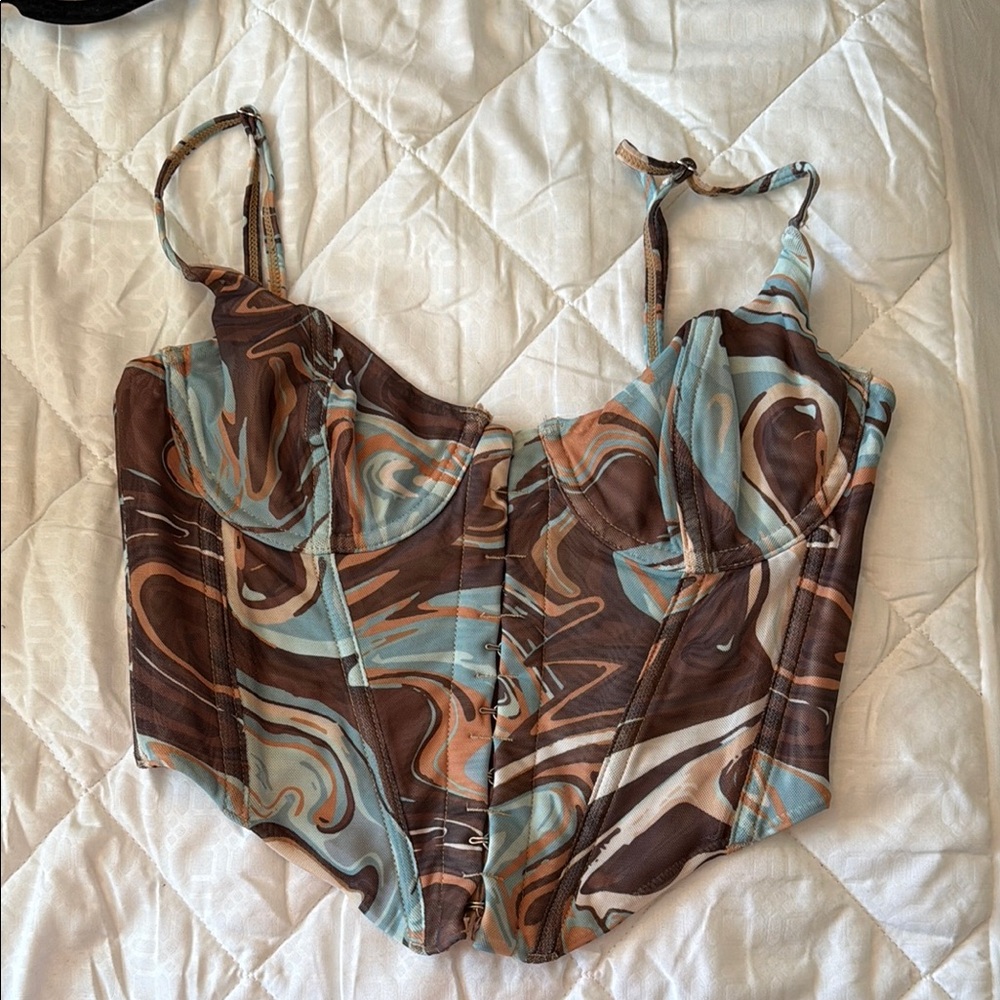 Swirl Print Corset Top in Brown & Blue